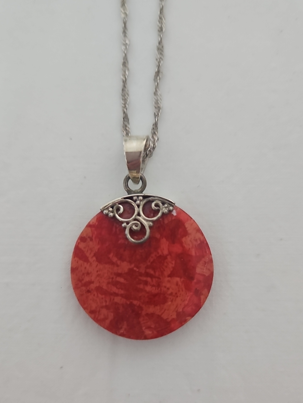 Red Sponge Coral And Sterling Pendant Necklace with Silver Scroll Accent